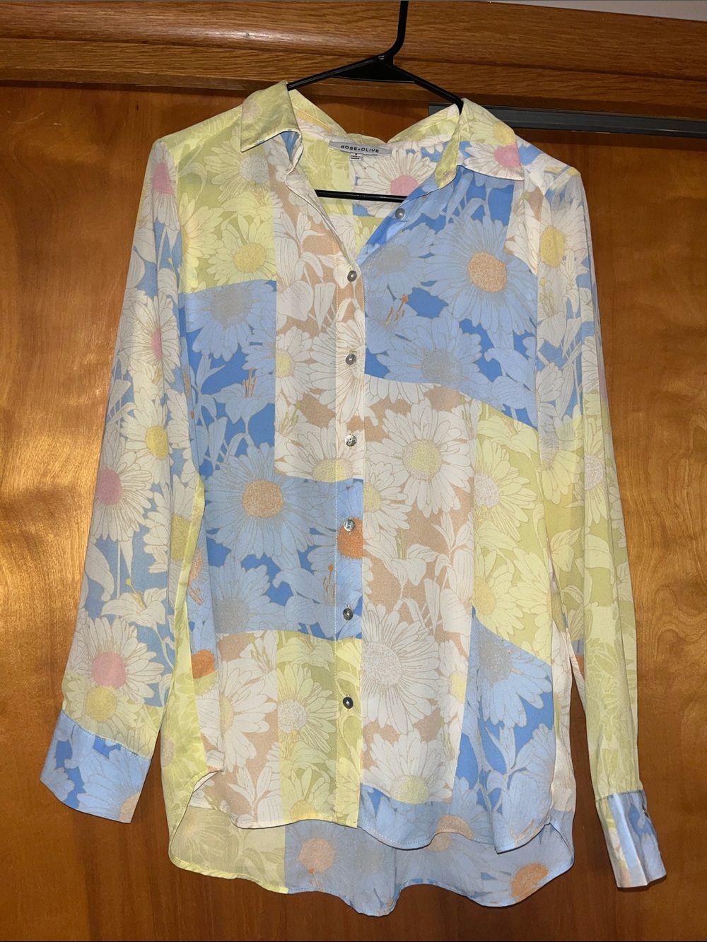 Rose+Olivia Sheer Floral Patchwork Button Up Blouse in Pastel Yellow & Blue